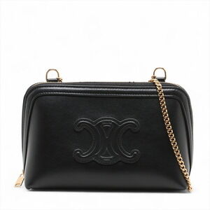 Celine Triomphe Chain Clutch Cuir Leather Shoulder Bag Black